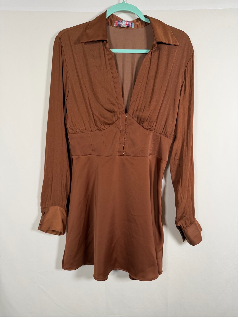 70s Inspired Brown Satin-Look‎ Long Sleeve Mini Dress